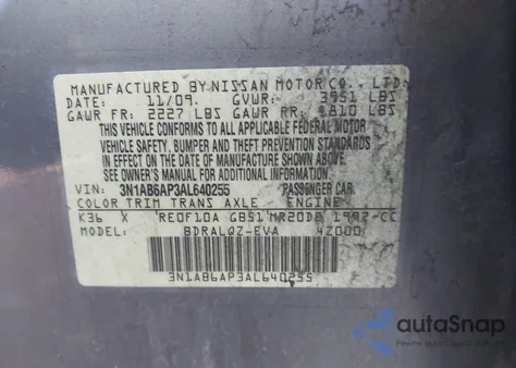 2010 Nissan Sentra 2.0 from USA, damaged, VIN 3N1AB6AP3AL640255